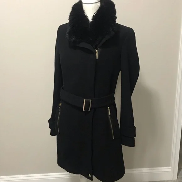 Calvin Klein Black Belted faux fur collar Coat - Picture 2 of 12